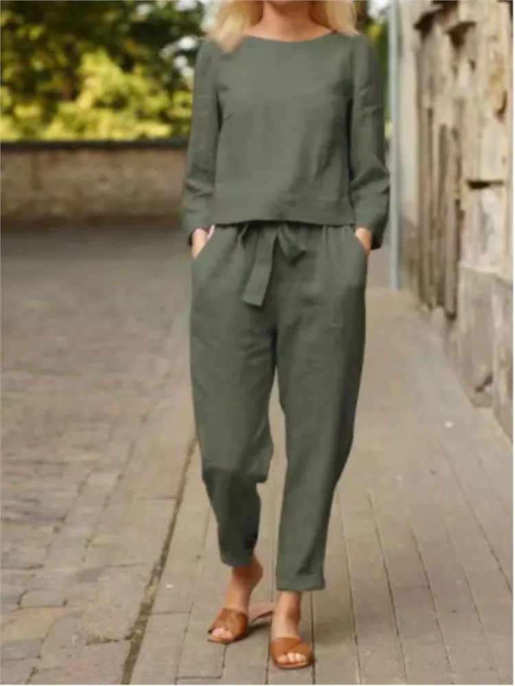 Linen Sets For Women 2 Pieces Fashion Solid Color Long Tops Pants Sets 2024 Sping Autumn Two Piece Set Women Outfit