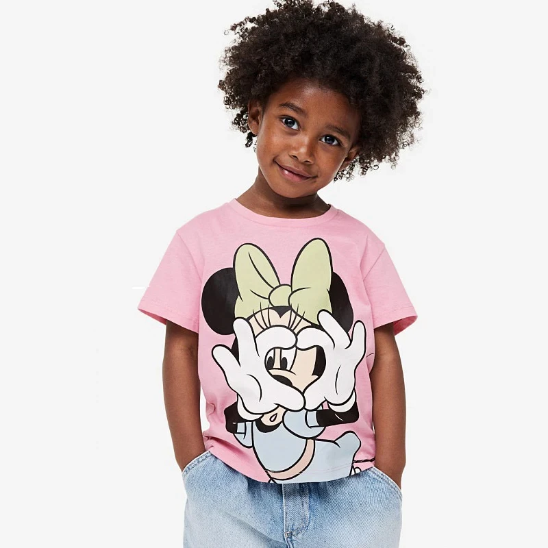 

Girls T-shirt Minnie Print Short Sleeve Tops Casual Cotton Clothing New Design Cartoon Crewneck Base Shirt Children Pink Tees
