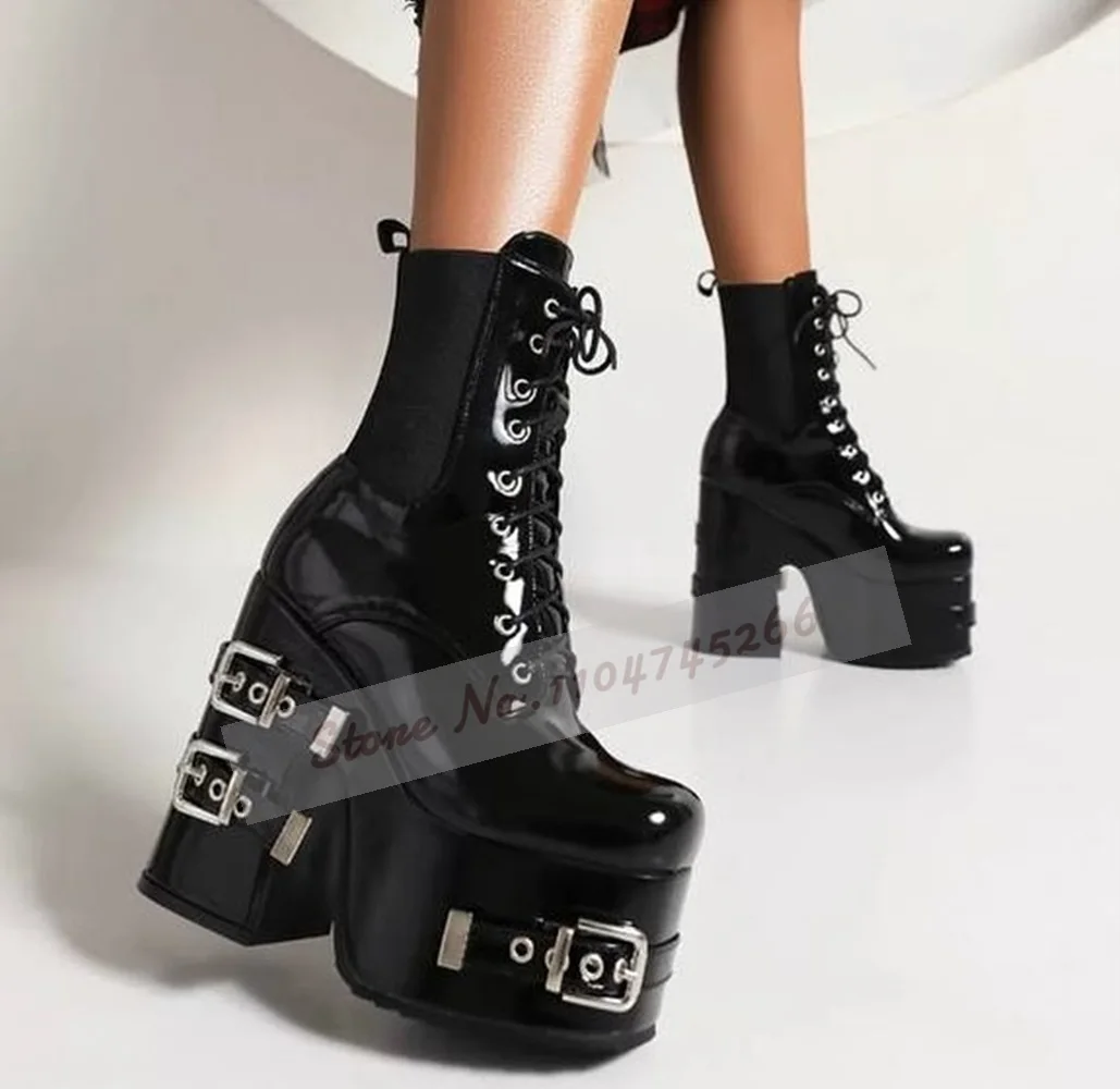 

Black Big Chunky Heel Metal Buckle Strap Ankle Boots Punk Style High Platform Lace-up Booties Patchwork Block Heels Party Shoes