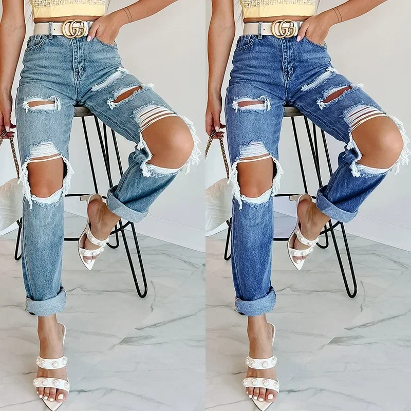 

Women Denim High Waist Jeans Ankle Length Holes Straight Pants Pockets Solid Loose Fit Slight Strech Spring 2024 High Street