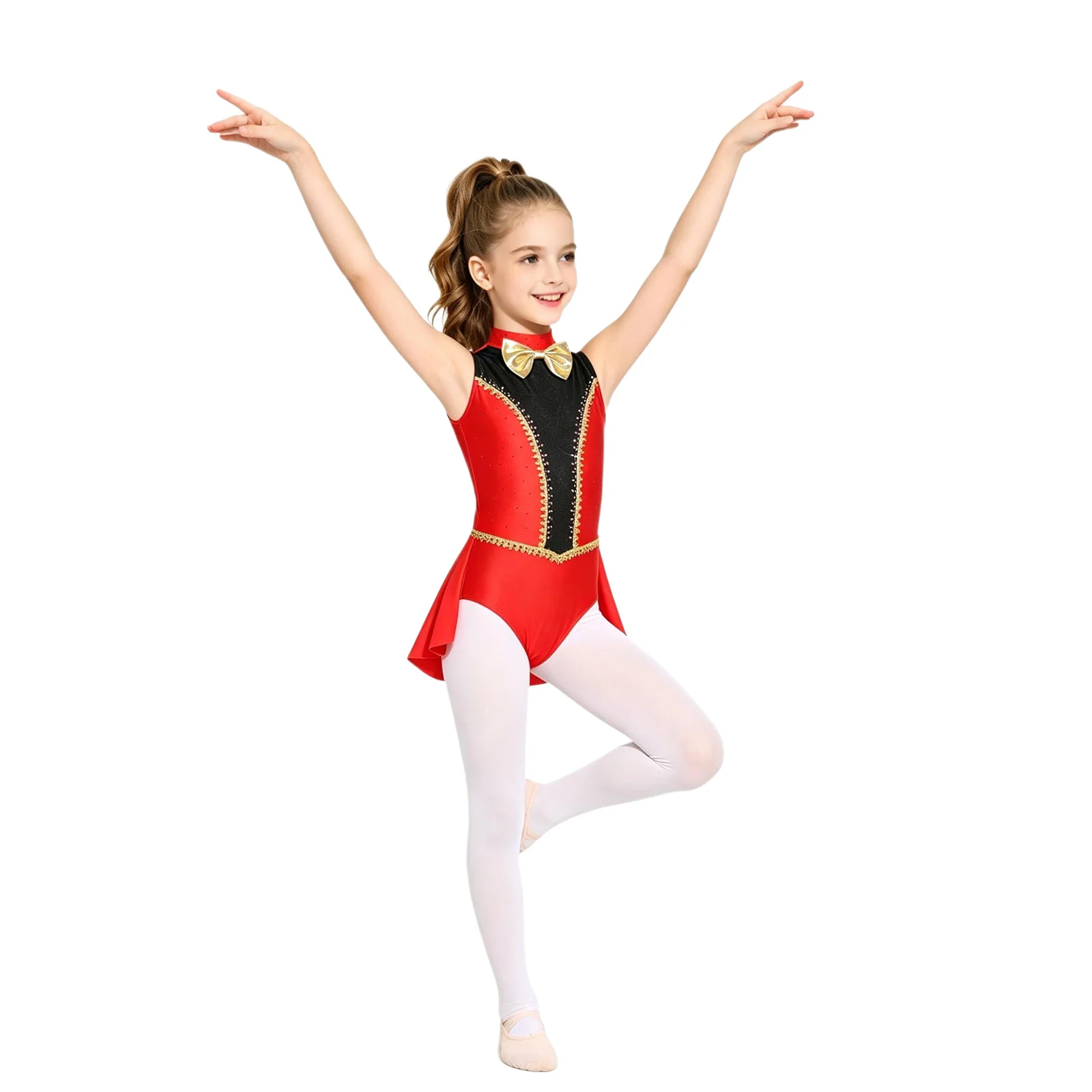 Kids Circus Costumes Girls Ringmaster Jumpsuit Metallic Bowknot Sleeveless Leotard Rhinestones Bodysuit Halloween Party Tailcoat