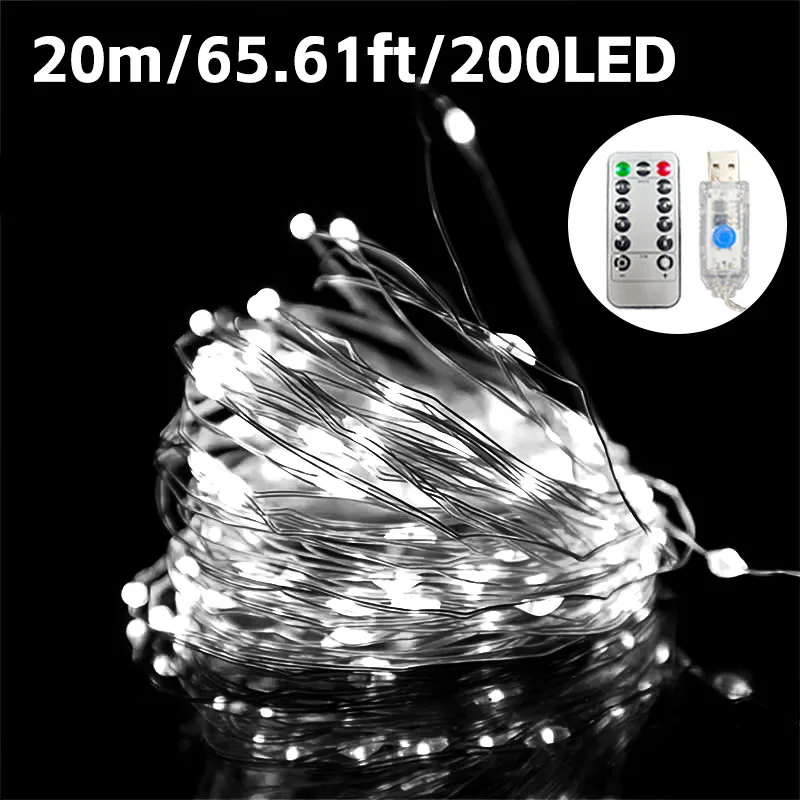 LED Remote-Control Fairy Lights, LED Christmas Copper Wire Lights, USB Powered, 8 Modes, Party and Christmas Decoration