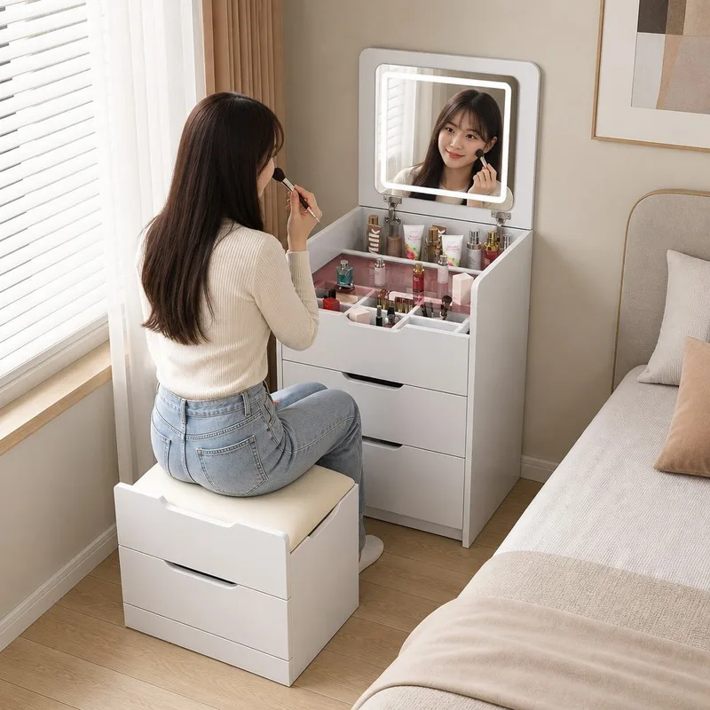 Flip Lid Makeup Vanity LED Mirror Dressing Cabinet One Table Many Uses Bedside Desk Chest Storage Furniture