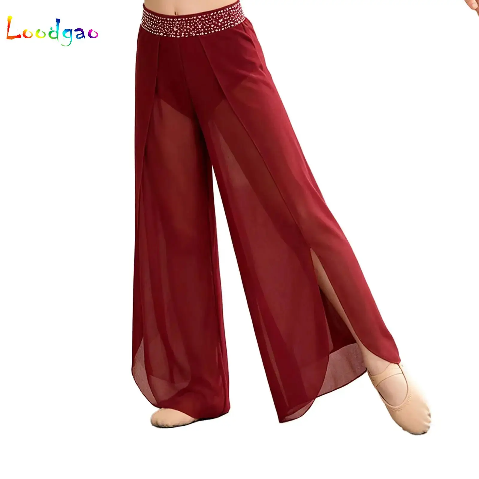 

Kid Girls Modern Dance Pants Side Split Mesh Overlay Classical Dancing Practice Stage Performance Choir Ballet Lyrical Dancewear