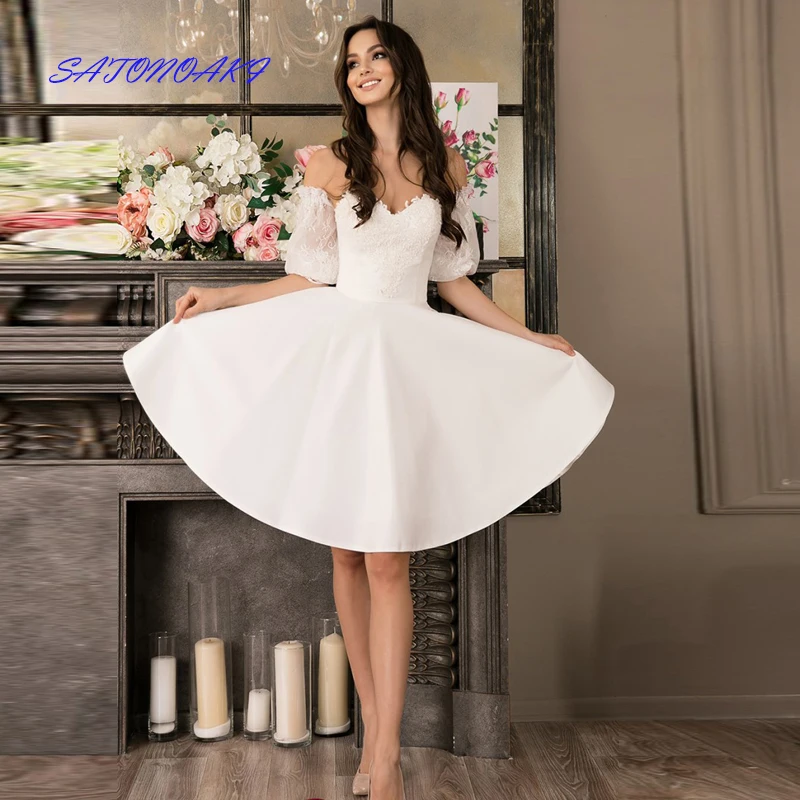 

Vestidos De Novia Elegant Simple Satin Short Wedding Dress For Women Sweetheart Mini Bride Gown Detachable Sleeve Robe Mariée