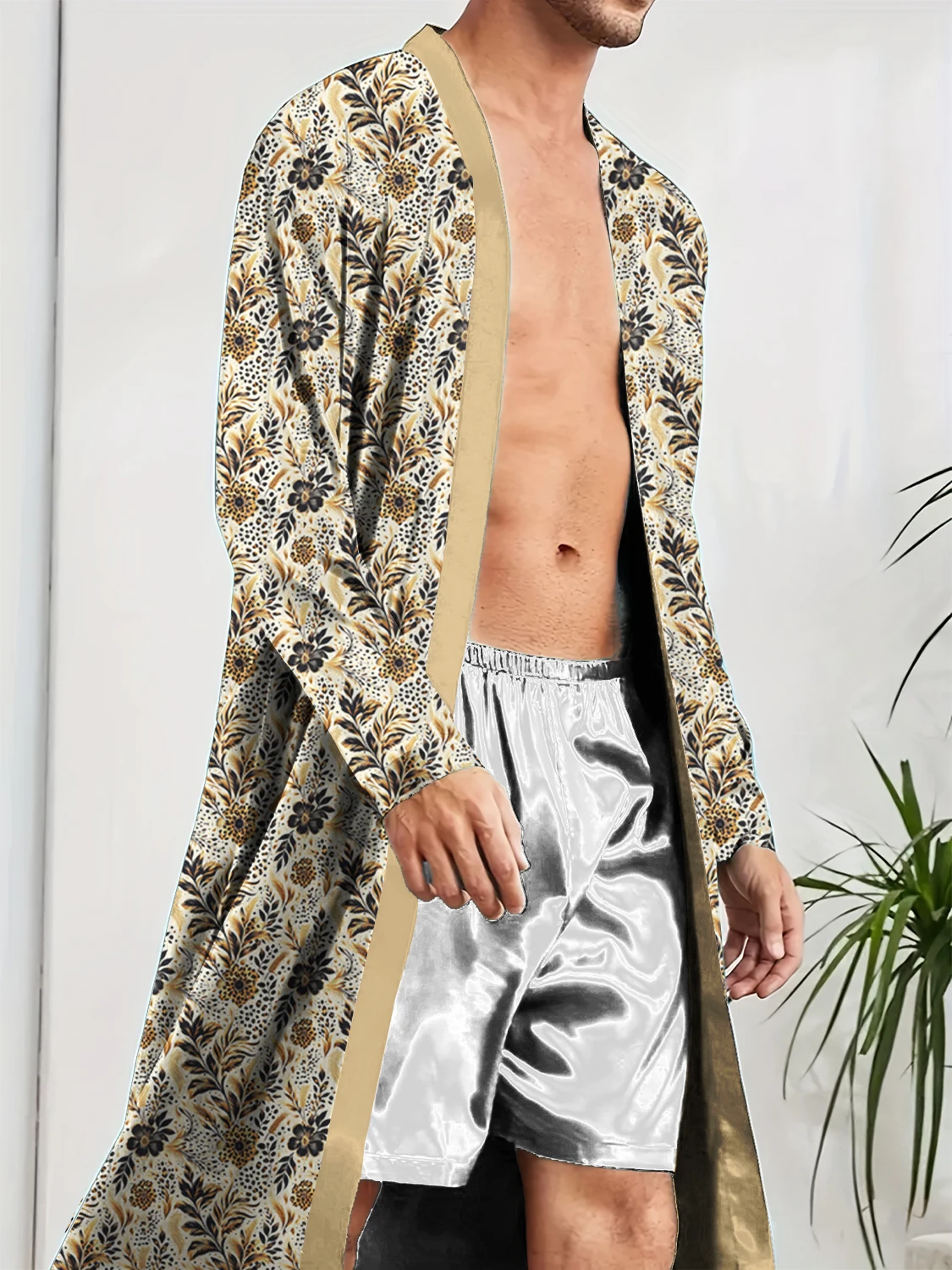 

Мужской длинный халат, быстросохнущий, домашняя ночная рубашка для весеннего и осеннего отдыха, тренд с цифровой печатью