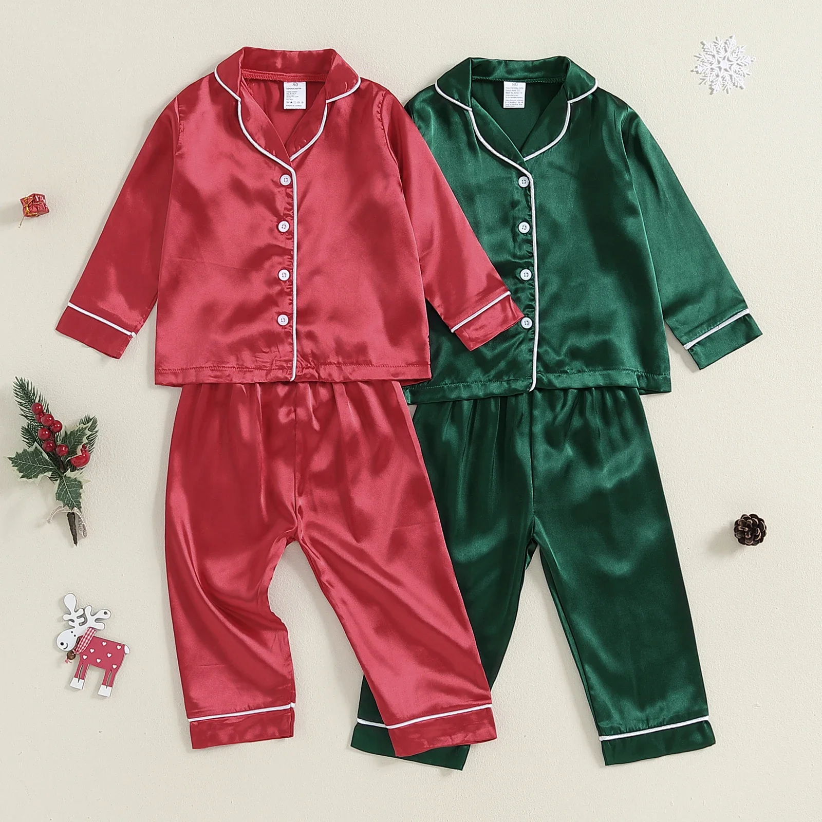 Christmas Children Kids Pajama Sets for Boys Girls Red Green Contrast Color Trim Long Sleeve Button Shirts Long Pants Loungewear