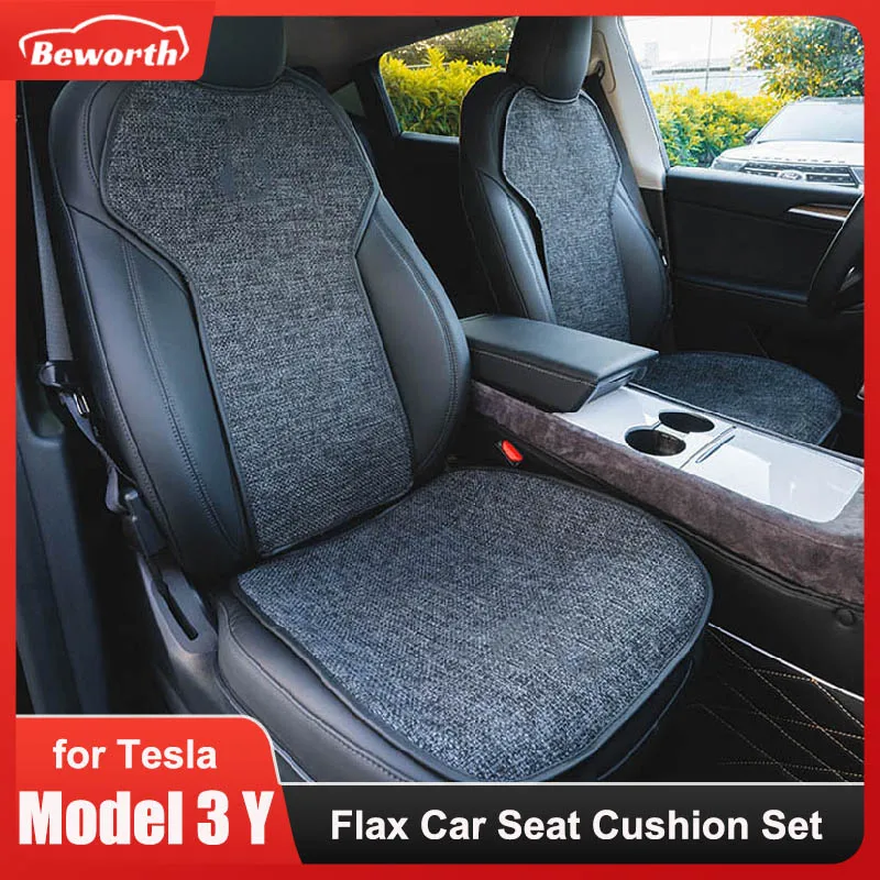 Flax Car Seat Cushion Cover For Tesla Model 3 Y Non-slip Cool Breathable Linen Comfortable Backrest Protector Mat Accessories