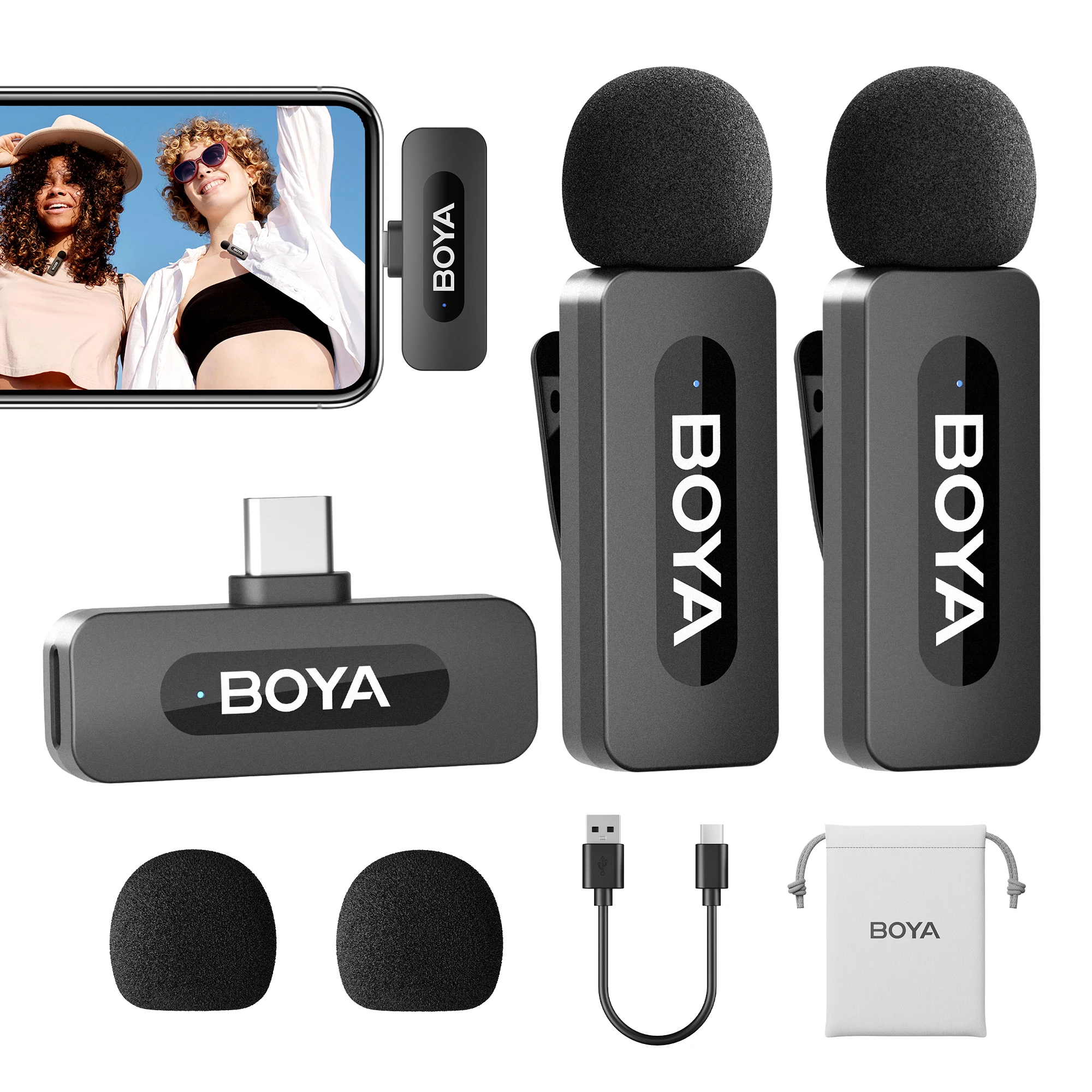 BOYA 2PCS Micrófono inalámbrico de solapa Para Android y ordenadores portátiles - Micrófono condensador omnidireccional USB C