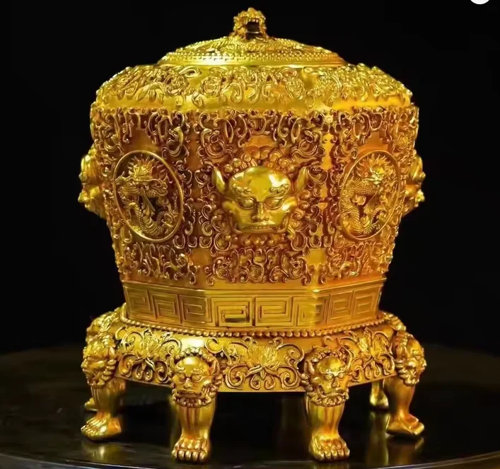 21cm Copper Antique carving Four elephant Baoding incense burner Chinese creative incense burner Large