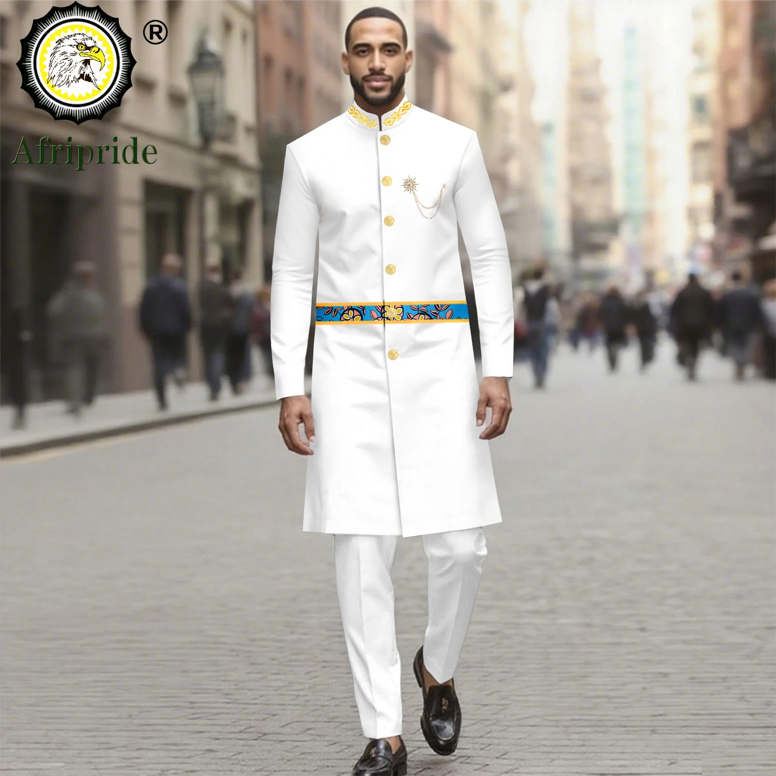 African Suit for Men Dashiki Long Single Breasted Embroidery Print Blazer and Pants 2 Piece Slim Fit Formal Outfits 2516086