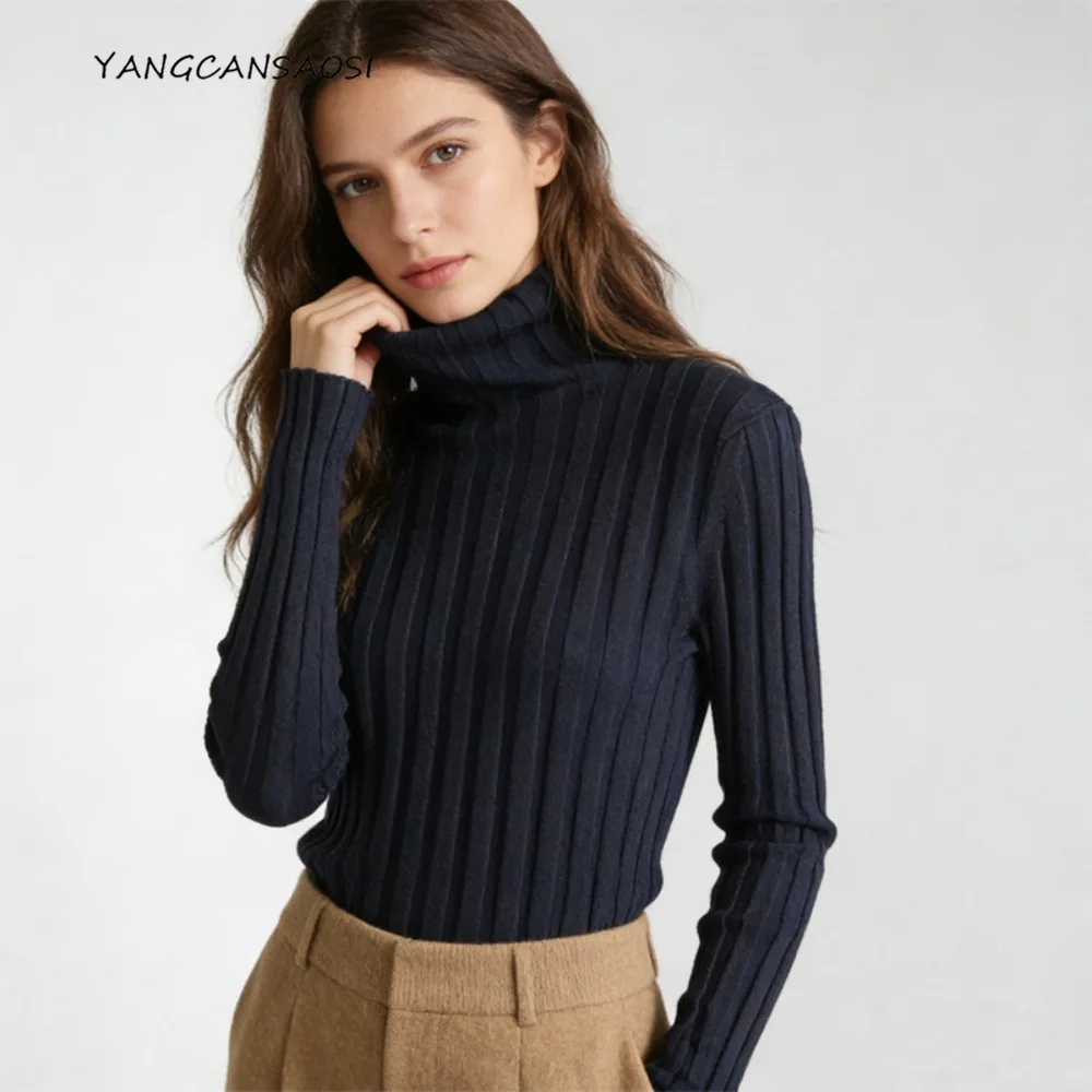 70% Natural Mulberry Silk and 15% Cashmere Top, Women's Fashionable Pit Striped High Neck Skin Friendly Knitted Sweater
