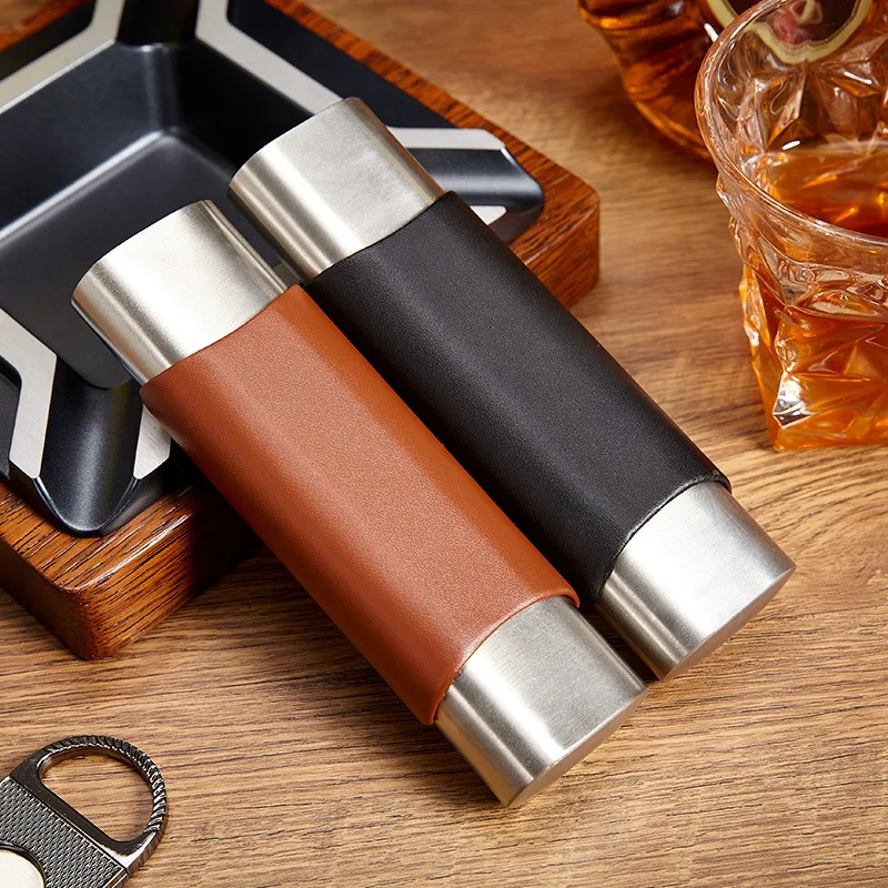 

Stainless Steel Portable Cigar Case Two Leather Cigar Holder Travel Accessories