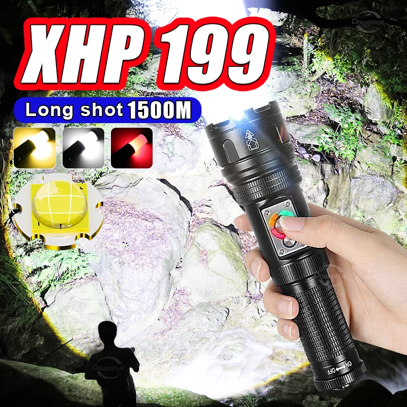 

XHP199 Powerful LED Flashlight With Built-in Battery Super Bright Rechargeable USB Flashlights Hunting Fishing Camping Lantern
