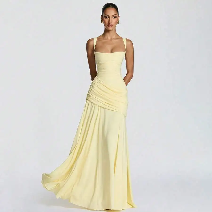 

Pale Yellow Square-Neck Maxi Dress With Spaghetti Straps, Ruched Waist Detail, Open Back, And Flowing Mermaid Skirt For Formal