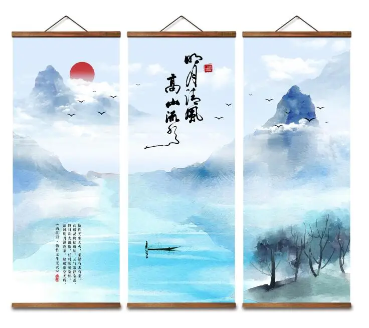 MT4015 Chinese Style High mountains flowing water bright moon clear wind sunrise swallow Art Posters Solid Wood Scroll Paintings