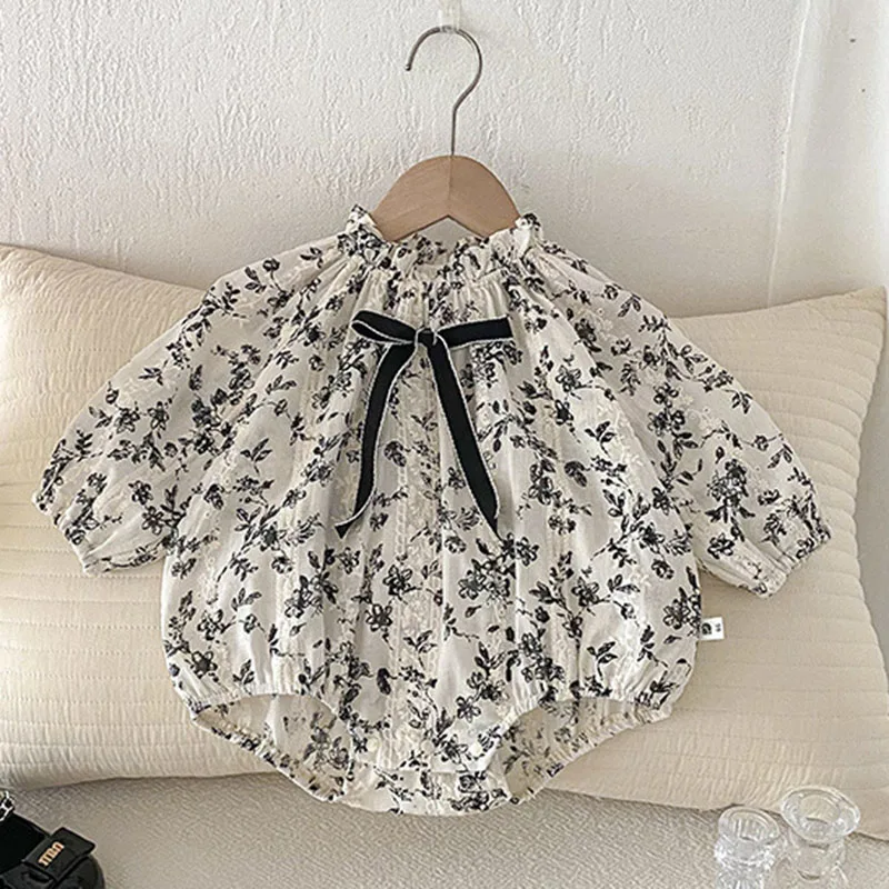 2025 New Spring Infant Baby Girl Bodysuits Long Sleeved Cotton Flower Print Newborn Baby Girl Jumpsuit 0-24M Children Clothes