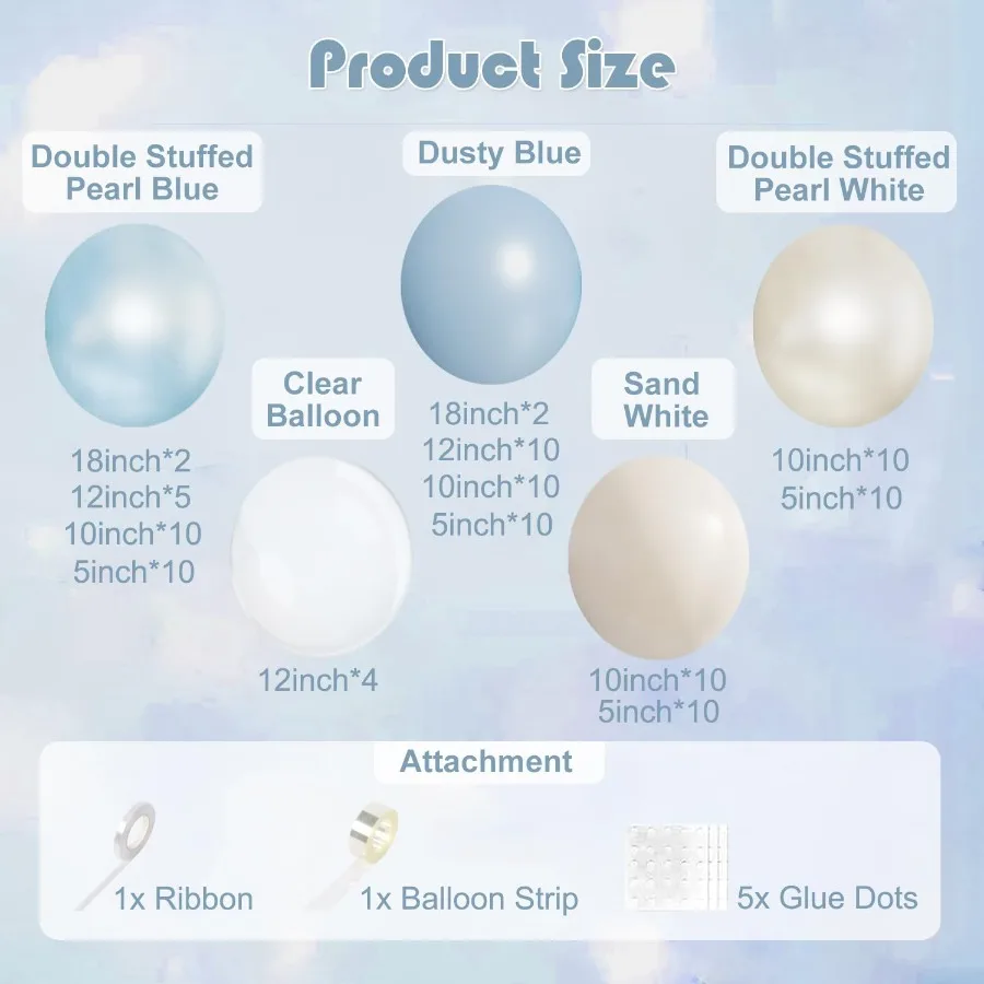 더스티 블루 풍선 아치 키트 103개 더블 스터프드 더스티 블루 펄 블루 화이트 샌드 화이트 클리어 풍선 다양한 크기 웨딩용