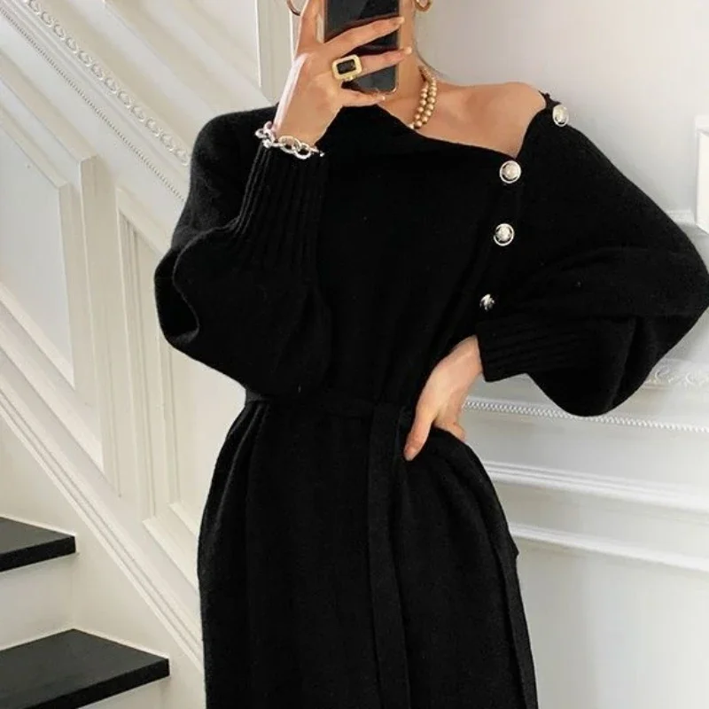 Apricot Loose Woman Dress Clothes Maxi Evening Robe Turtleneck Long Dresses for Women Knitted Brown Crochet Korean Style Beach