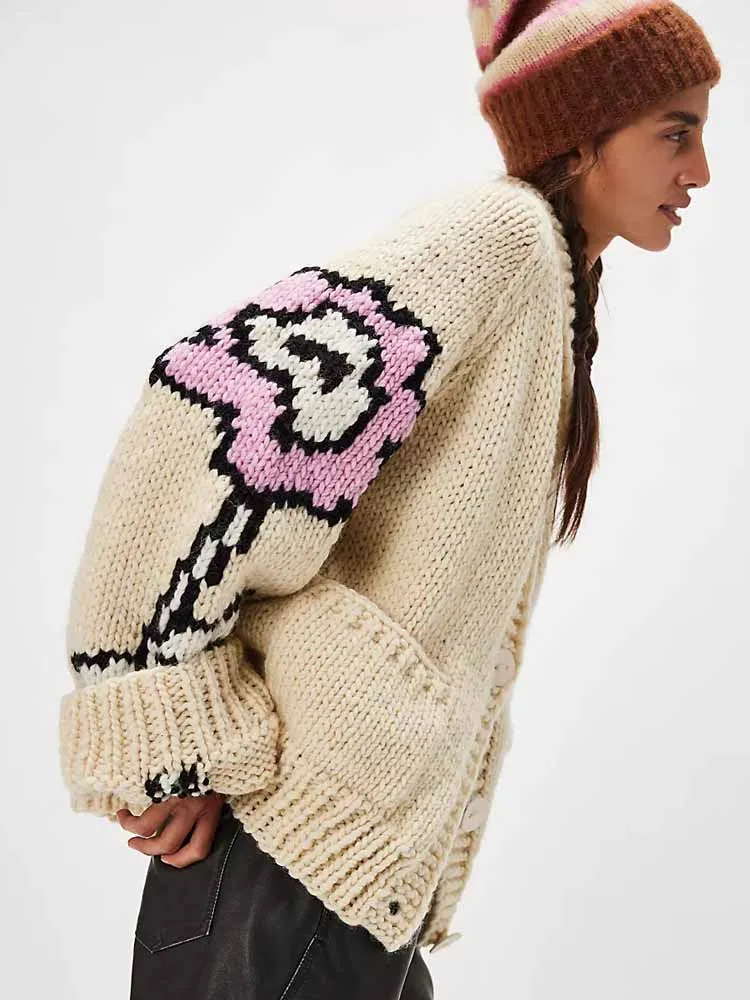 MCDV カジュアルプリント女性ニットカーディガン秋冬長袖 V ネックシングルブレストルーズセーターコート厚く暖かいニットウェア