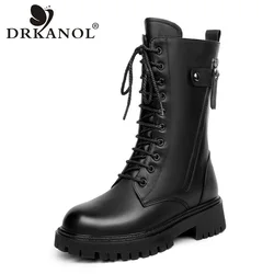 DRKANOL 2024 Genuine Leather Mid Calf Boots Women Warm Wool Boots Street Style Thick Heel Platform Shearling Motorcycle Boots