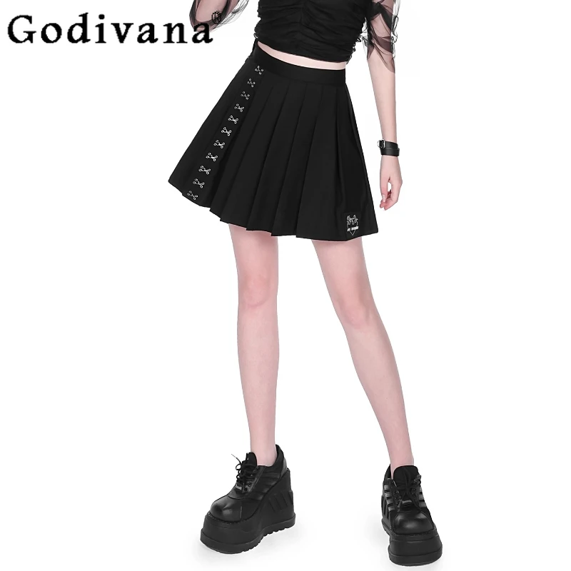 

Summer New Personalized Punk High Waist Dark Style Sexy Skirt Girl Black A-line Fashion Versatile Street Pleated Short Skirts