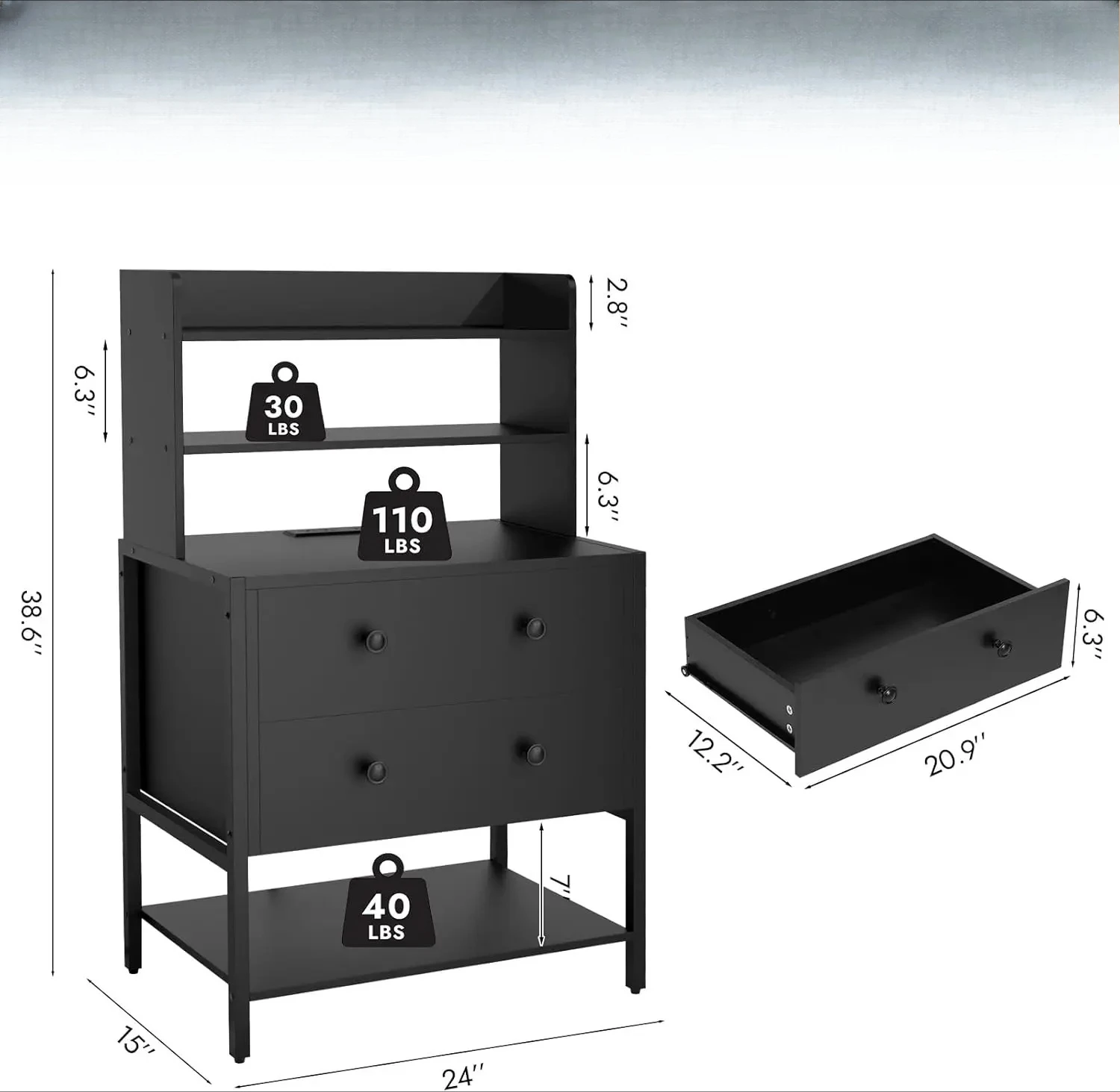 24' Black Wooden Night Stand with 2 Drawers, 4-Tier Shelves & Charging Station