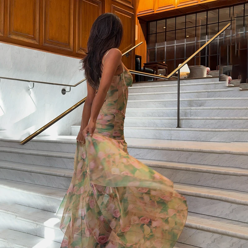 Candyhot Sexy High Waist Split Floral Print Bodycon Spaghetti Strap Dress Summer Fashion Party Vacation Beach New Women Vestidos