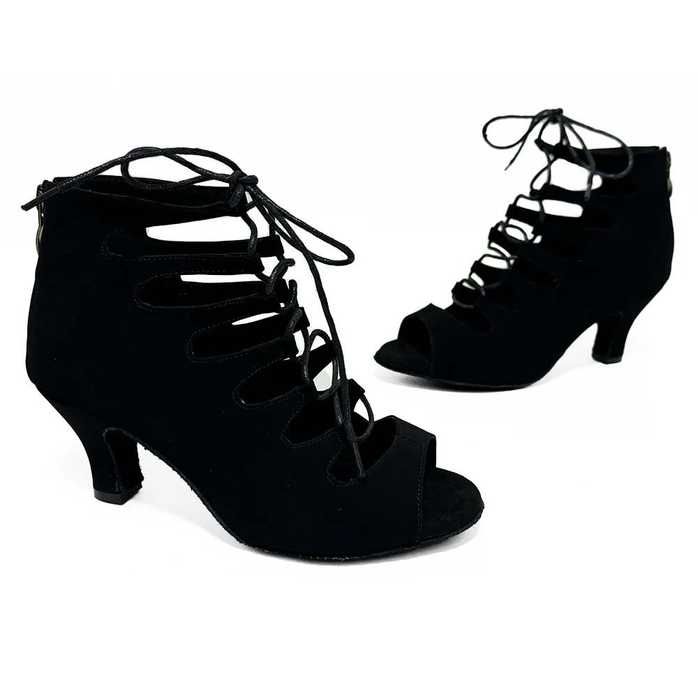 Indoor Latin Ballroom Salsa Dance Shoes Black Nubuck Dance Booties With 6cm and 7.5cm Heel QT001