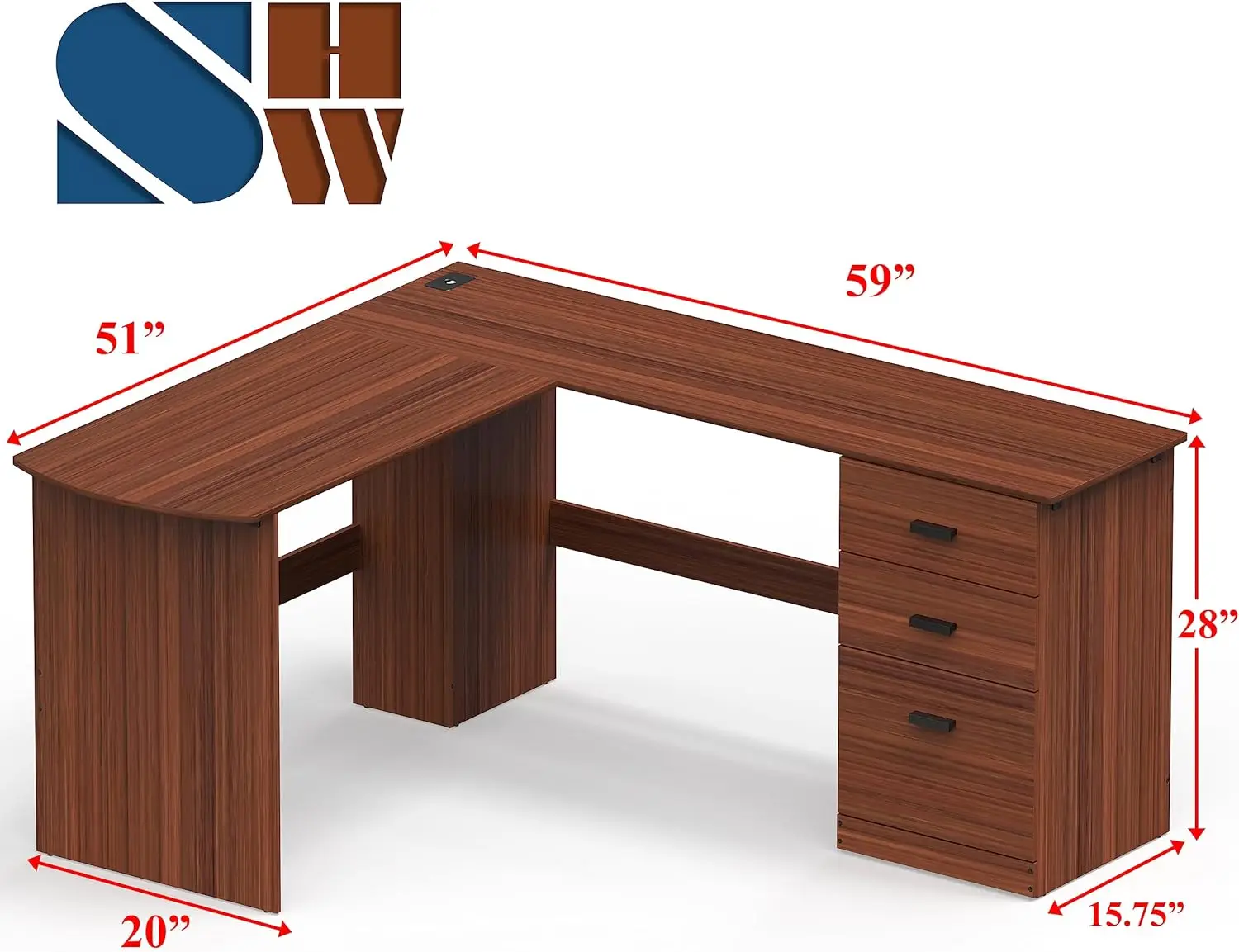 L-Shaped Home Office Wood Corner Desk With 3 Drawers, Walnut