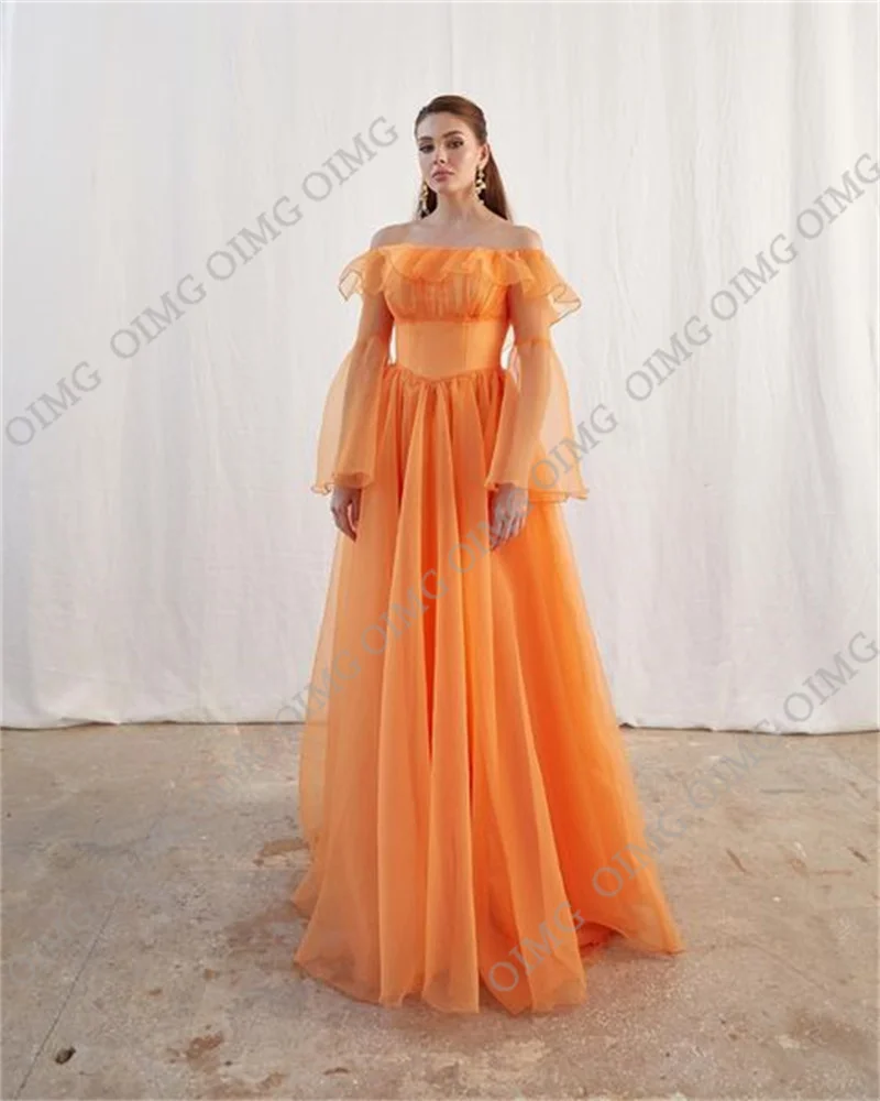 OIMG-vestido de fiesta largo de tul naranja elegante, Vestidos de Noche de línea A, mangas completas, sin tirantes, Formal, Club nocturno, Gown2023