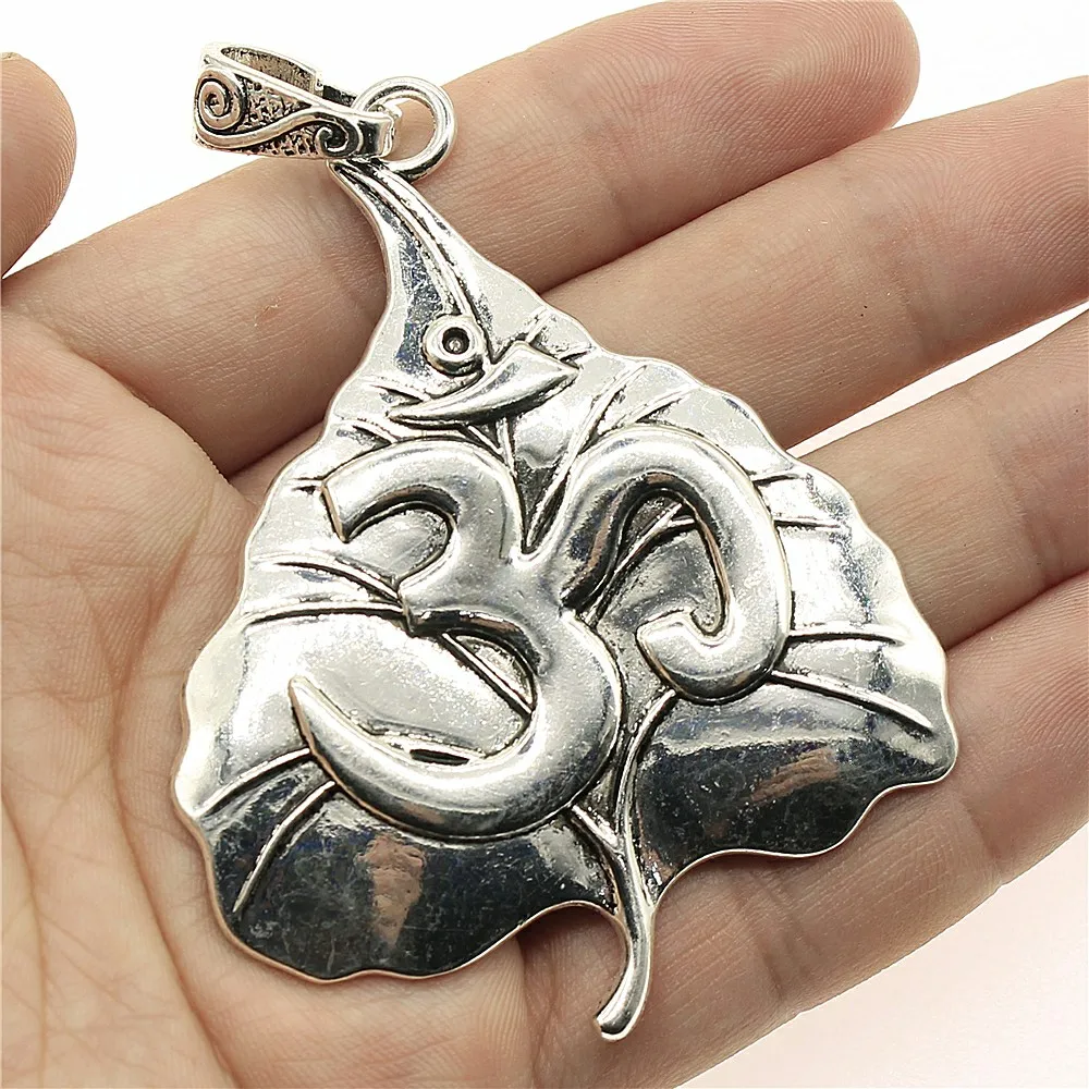 

Wholesale 10pcs/bag 74x56mm Buddhism Charm Antique Silver Color Om Yoga Symbol Pendant Charms Wholesale Large Bodhi Leaf Charm