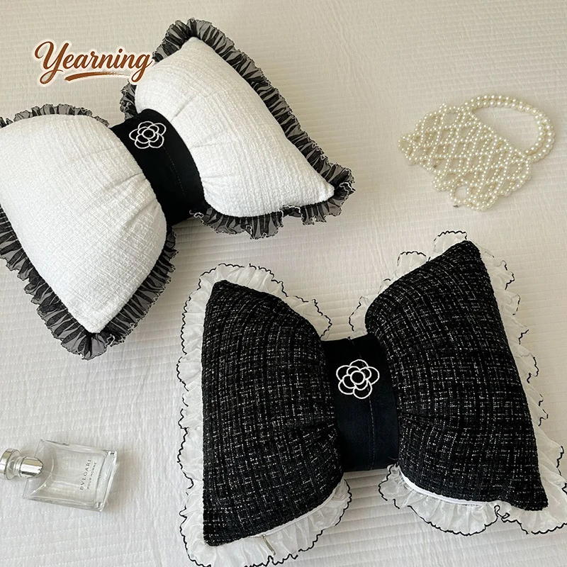 

French Romantic Throw Pillow Soft Cushion for Bed Sofa Bedroom with Bow Lumbar Support Removable Washable