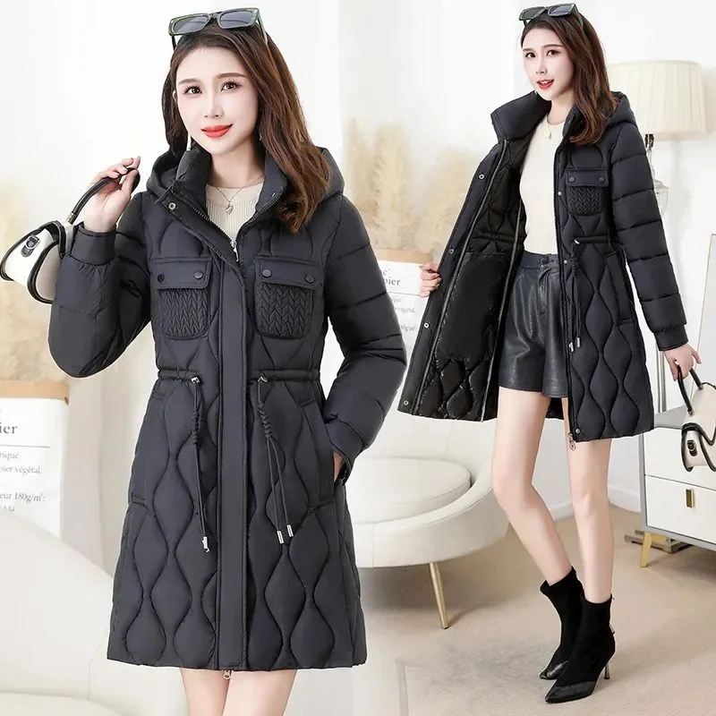 

Long Down Cotton Coats Black Women Winter Loose Puffer Coat Hooded Female Casual Overcoat Lady Cotton-padded Thicken Warm Parkas