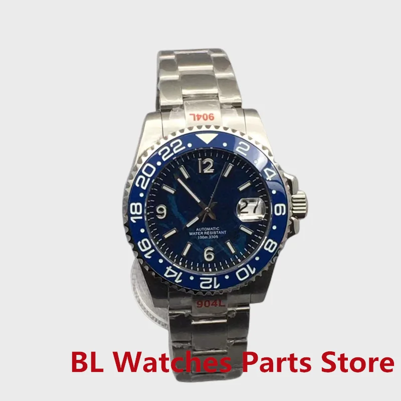 BLIGER 40mm Case NH35 Blue Insert Automatic Men Watch Super Green Luminous Dial Bezel Brush Steel Bracelet Date Magnifier