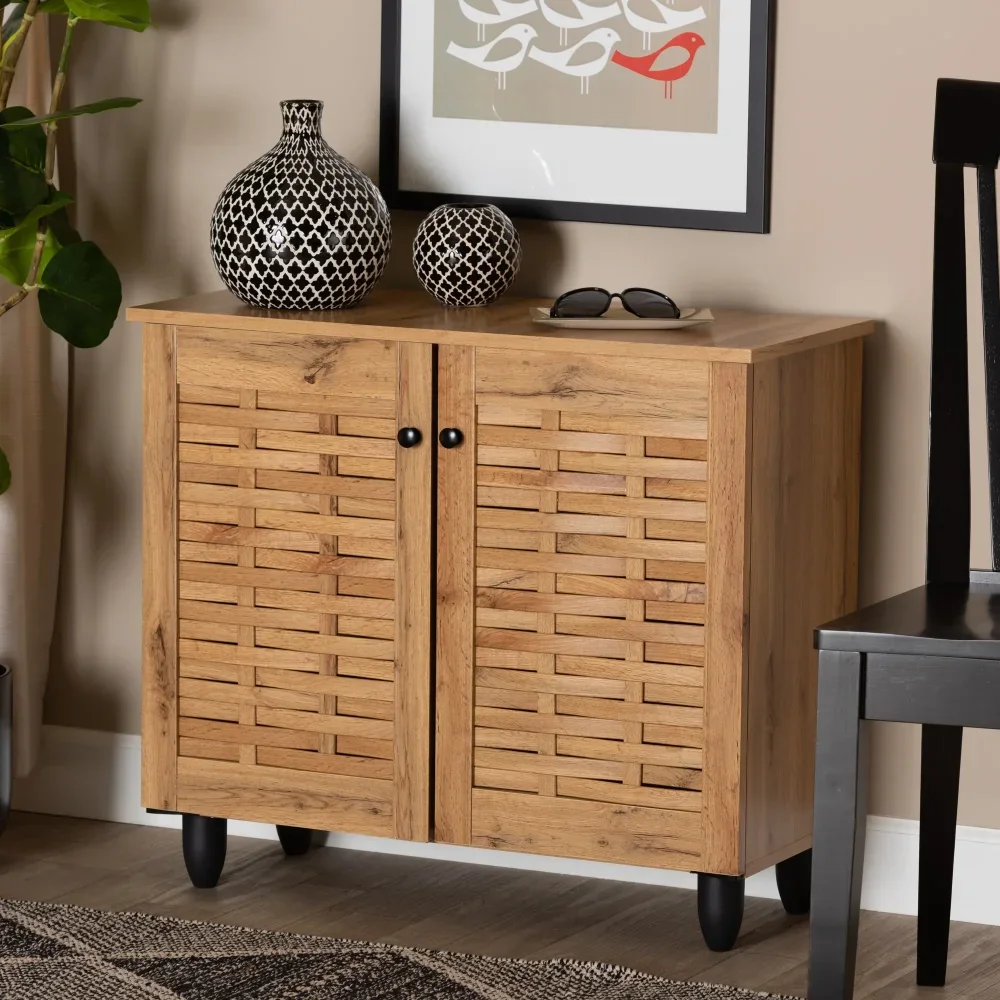 

Modern and Contemporary Oak Brown Finished Wood 2-Door Shoe Cabinet