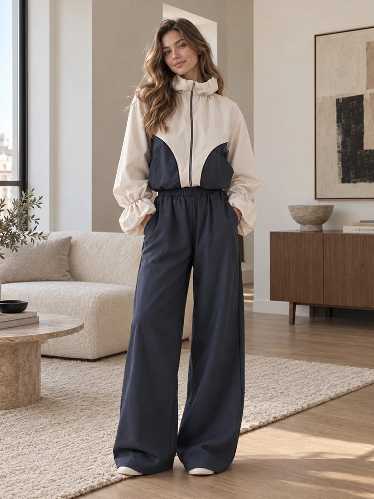 Women Color Block 2 Piece Outfit Ruffle High Neck Zip Cropped Jacket Elastic Waist Wide Leg Trousers Streetwear Matching Set