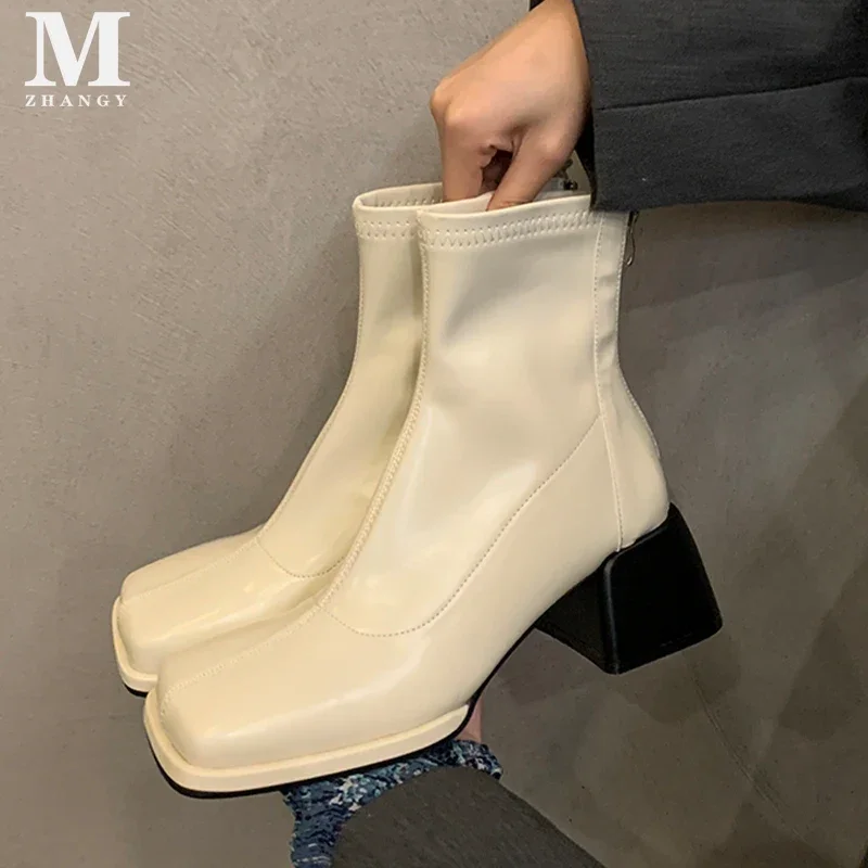 Botines De tacón alto con punta cuadrada para Mujer, zapatos De cuero grueso, elegantes, estilo Chelsea, para la nieve, invierno, 2024