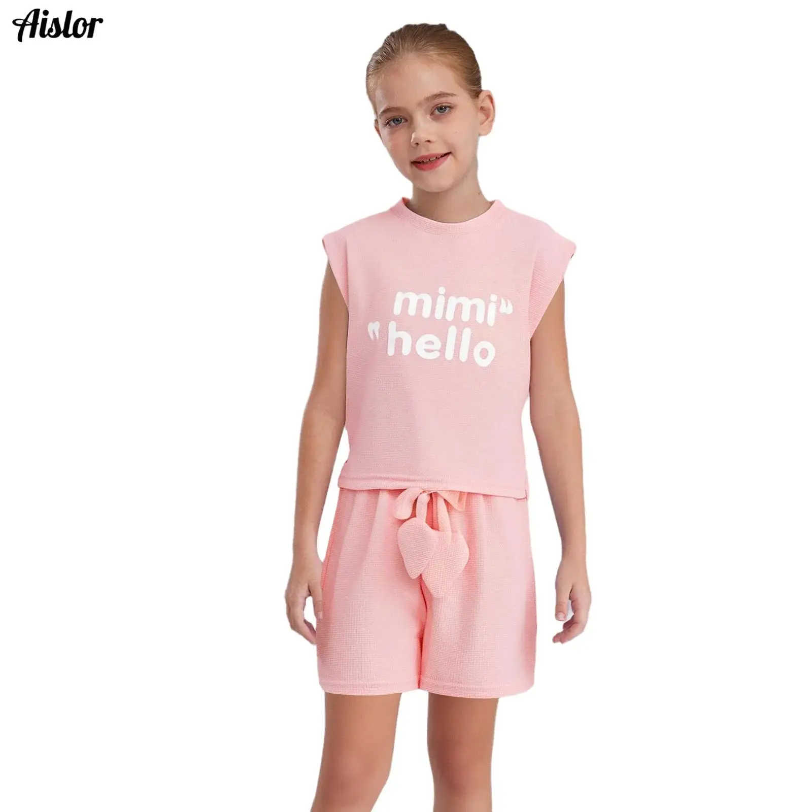 

Kids Girls Sportwear Summer Casual Clothes Letter Print Sleeveless Loose T-Shirt+Shorts Set for Daily Wear Outdoor Activities