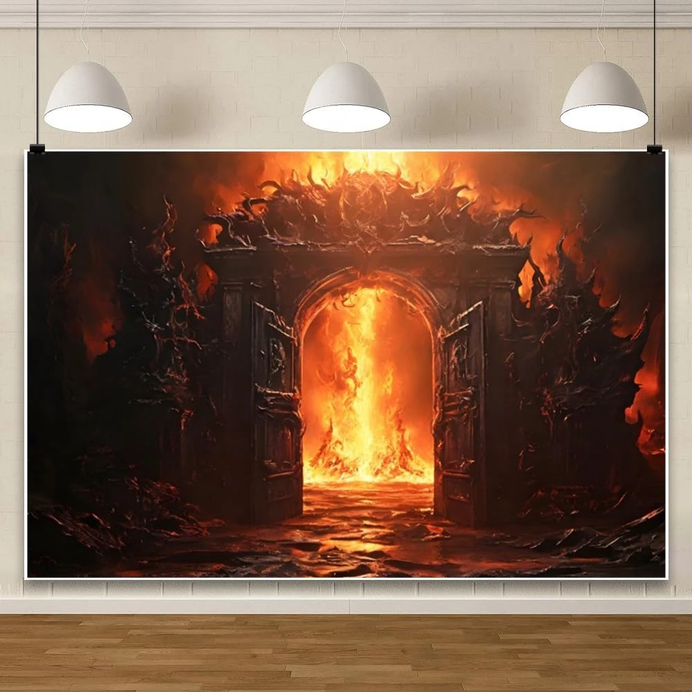 Halloween Hell Gate Devil Fire Backdrop Magic Arches Horror Theme Party Decor Ancient Castle Burning Flame Background Photo Prop