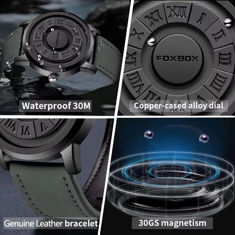 FOXBOX Orologi da uomo Puntatore a scorrimento creativo Orologio da polso al quarzo con forza magnetica Orologio da uomo in vera pelle Relogio Masculino + scatola