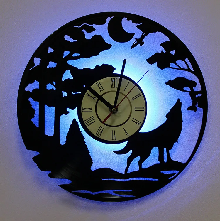 Luminous Cool Led Wolf Vinyl Record Wall Clock with Remote Control LED Light Drop Shipping Wall Decor Decoration for Rooms