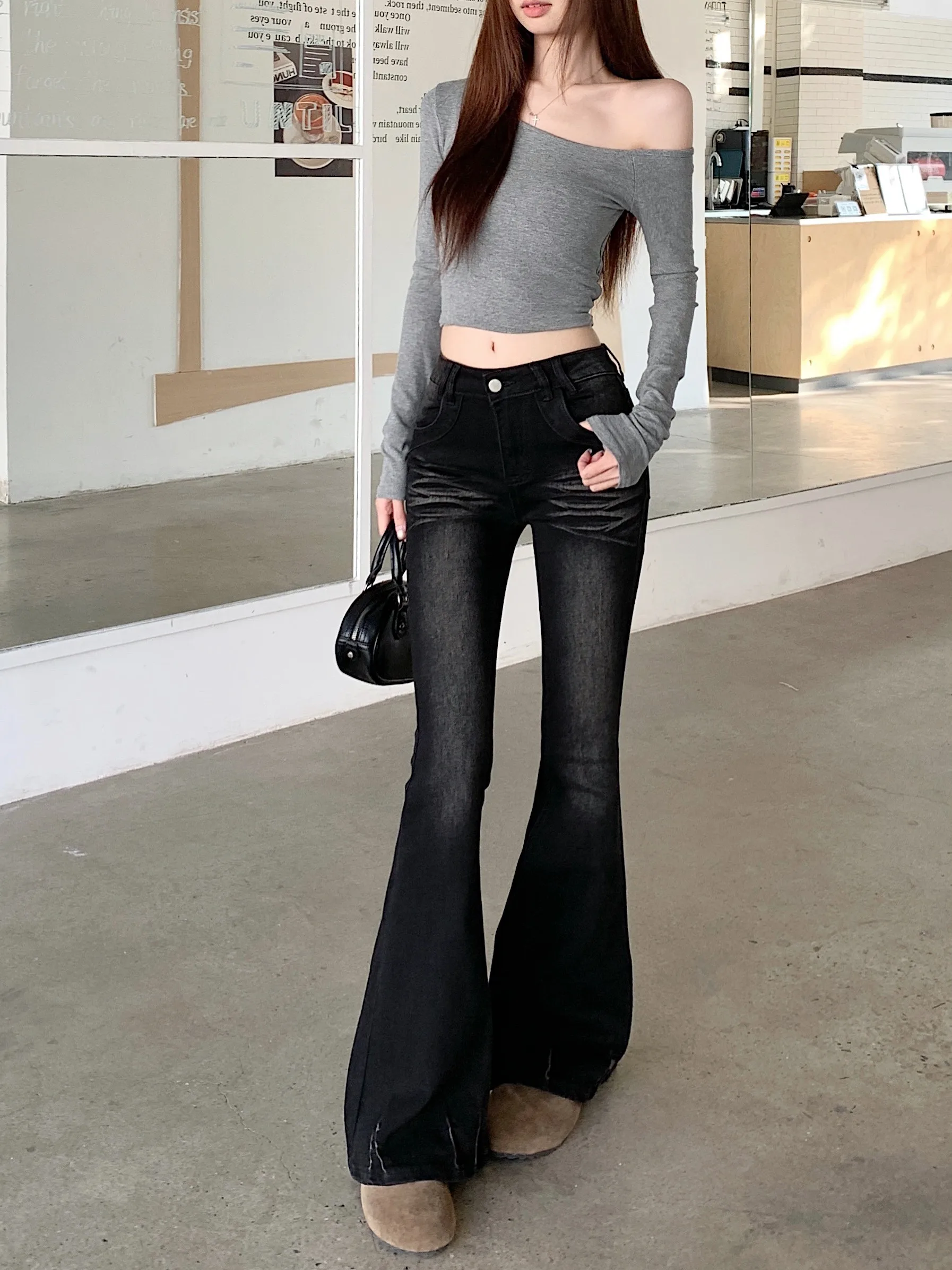 

Retro High Waist Bell Bottom Denim Jeans Women's Spring Vintage Washed Slim Fit Tummy Control Long Pants Commute Style