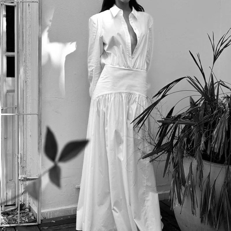 Herfst dames shirtjurk met lange mouwen, elegante chique katoenen plooien, button-down losse korset geplooide maxi-jurk