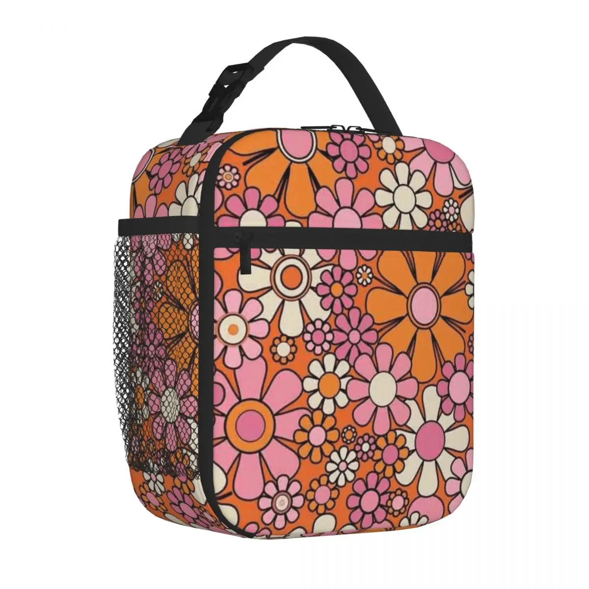Bestselling Retro Garden Flowers Groovy 60s 70s Floral Pattern In Thulian Pink Orange Cream Beige And BlackCommuter Lunch Bag