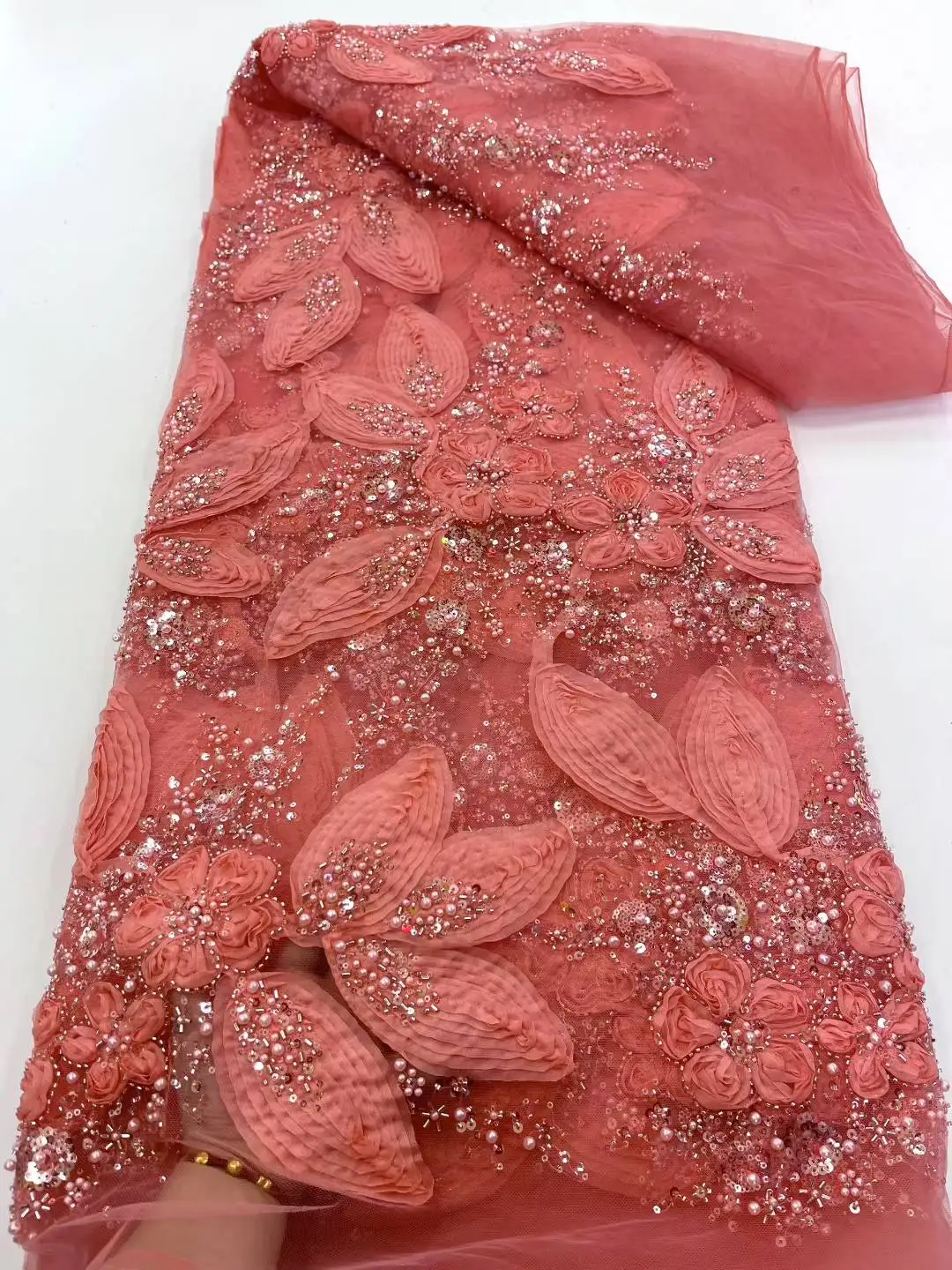 

2025 Luxury French Mesh Embroidery Beaded Lace Fabric African Nigerian Sequins Lace Fabric For Wedding Dress Sewing Material