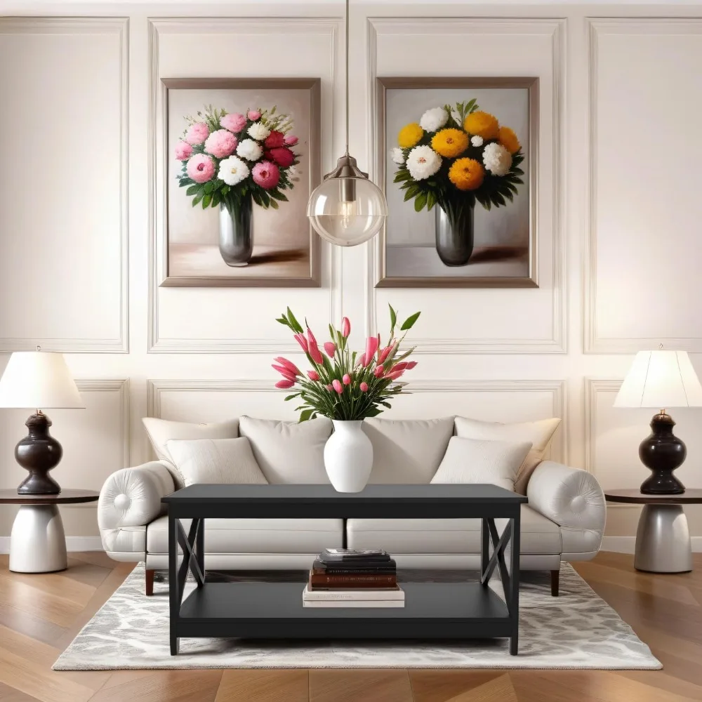 Black coffee table with storage, simple center table, 1 shelf, X shape design, rectangular