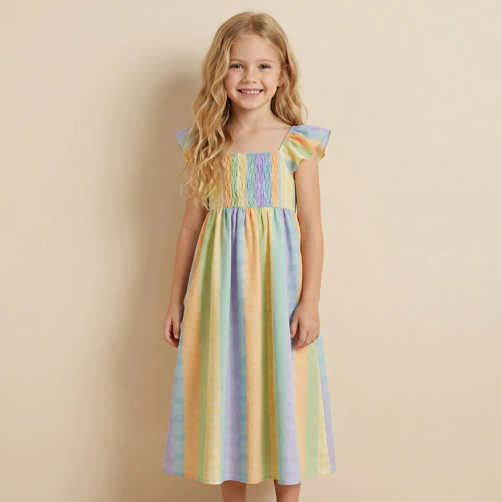 

2026 Girls Rainbow Striped Dress Princess Smocked Ruffle Sleeve Summer Dress Kids Square Neck Beach Holiday Vestidos Children