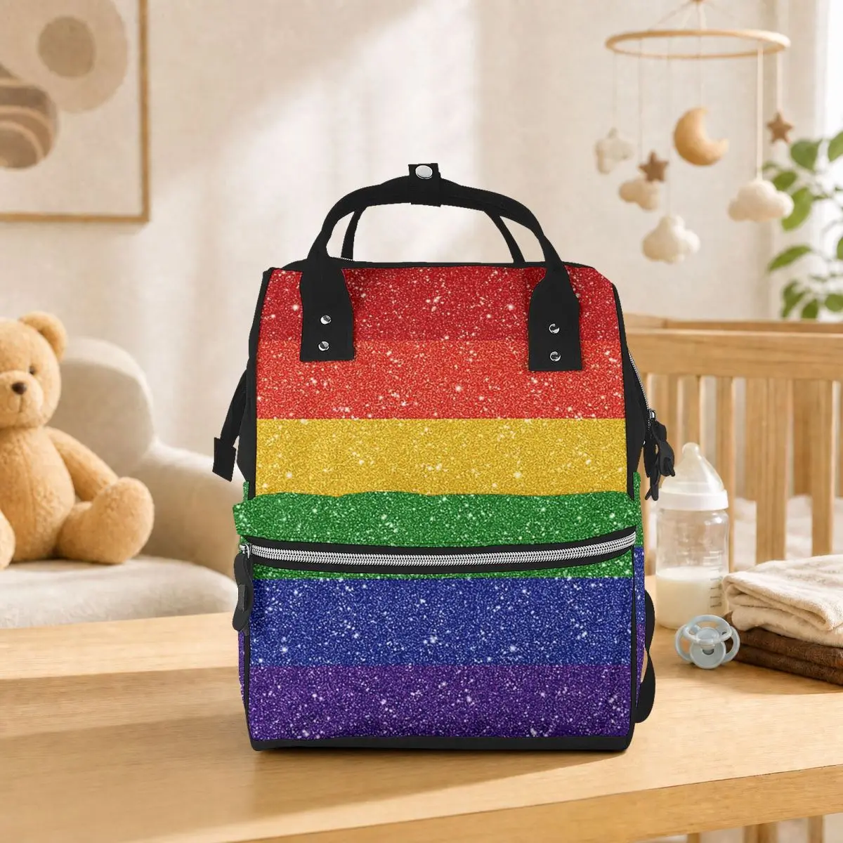 Faux Glitter LGBTQ Pride Rainbow Flag Background Student Backpack School Bag Hiking Travel Daypack for Men Women Bookbag