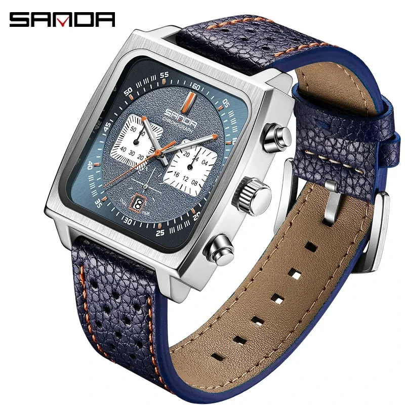 Fashion Sanda Top Brand For Men Genuine Leather Luxury Business Date Luminous Quartz Hands Sport Waterproof Wristwatch Clock